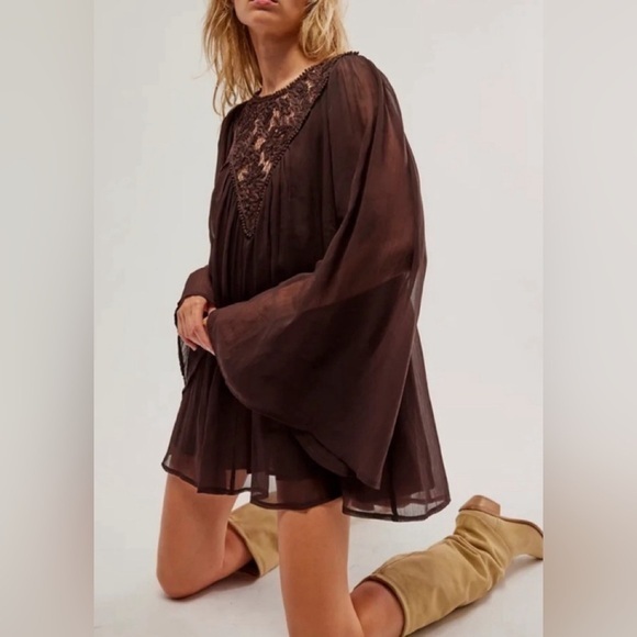 Free People Sunshine of Love Lace Front Sheer Bell Sleeve Mini Dress - Picture 1 of 6